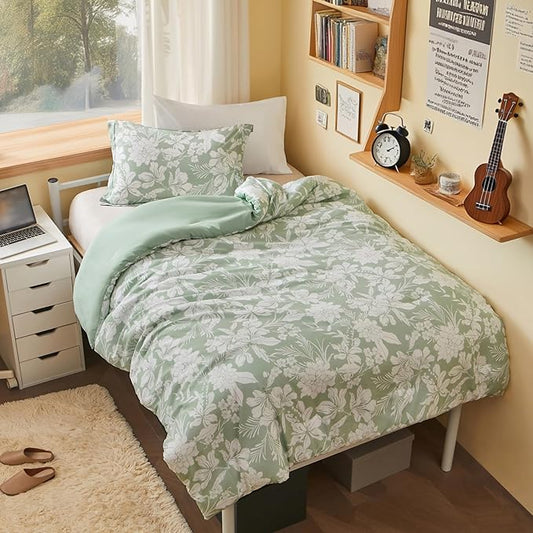 Joiedomi Twin Comforter Set Sage Green, 2 Pieces Floral Twin Bedding Set with 1 Soft Reversible Botanical Flower Comforter and 1 Pillow Sham, Bed in a Bag for All Seasons