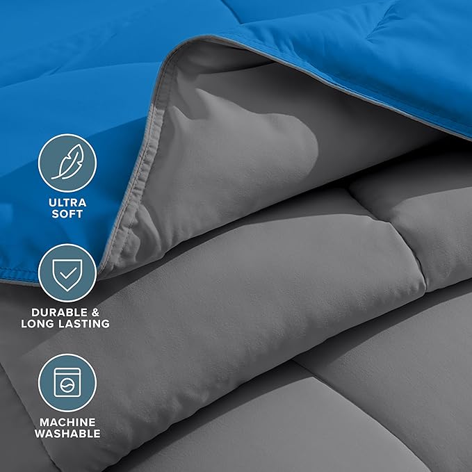 Bare Home Reversible Bed-in-A-Bag Comforter & Sheet Set - Twin - Down Alternative - Soft - Bedding Set (Twin, Medium Blue/Grey, Grey)