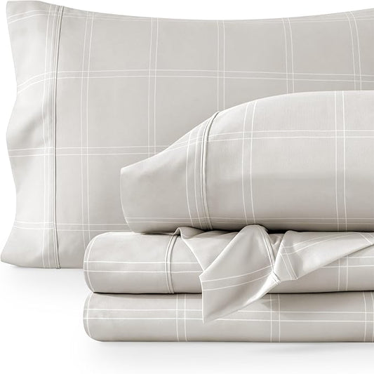 Bare Home Twin Sheet Set - 1800 Ultra-Soft Microfiber Deep Pockets - Easy Fit - Extra Soft - 3 Piece Set - Bedding Sheets & Pillowcases (Twin, Modern Plaid - Stone/White)