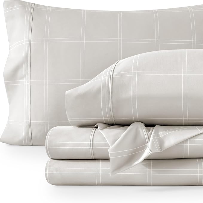 Bare Home King Sheet Set - Luxury 1800 Ultra-Soft Microfiber Double Brushed - Deep Pockets - Easy Fit - 4 Piece Set - Bedding Sheets & Pillowcases (King, Modern Plaid - Stone/White)