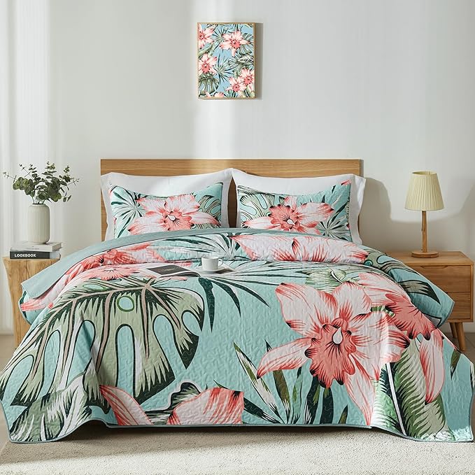 Yogeneg Queen Quilt Bedding Set,Green Pink Botanical Pattern Sky Blue Full/Queen Quilt Set,3 Piece Lightweight Soft Summer Bedspread Coverlet with 2 PIillow Shams,All Season(Sky Blue,90"x96")