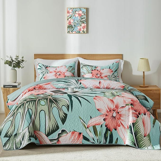 Yogeneg Queen Quilt Bedding Set,Green Pink Botanical Pattern Sky Blue Full/Queen Quilt Set,3 Piece Lightweight Soft Summer Bedspread Coverlet with 2 PIillow Shams,All Season(Sky Blue,90"x96")