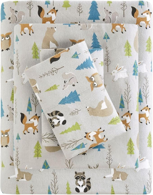 True North by Sleep Philosophy Cozy Flannel Warm 100% Cotton Sheet - Novelty Print Animals Stars Cute Ultra Soft Cold Weather Bedding Set, Full, Multi Forest Animals 4 Piece