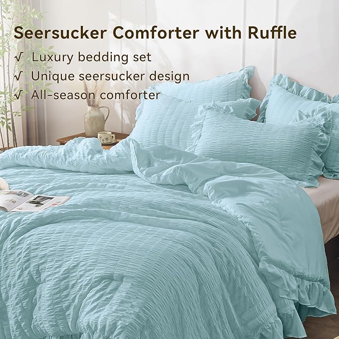 JOLLYVOGUE Light Blue King Size Comforter Set, 3 Pieces Seersucker Comforter King Size, Lightweight & Fluffy Bedding Sets for All Season with 1 Ruffle Comforter and 2 Ruffle Pillowshams
