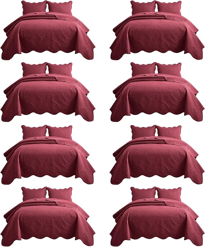IR Imperial Rooms 8 Pack California King Quilt Bedding Set (118"x106") - Bulk Wholesale for Hotels, Guest Bedroom & Airbnbs - Microfiber Reversible Floral Embossed Quilts Bedspreads (Burgundy)