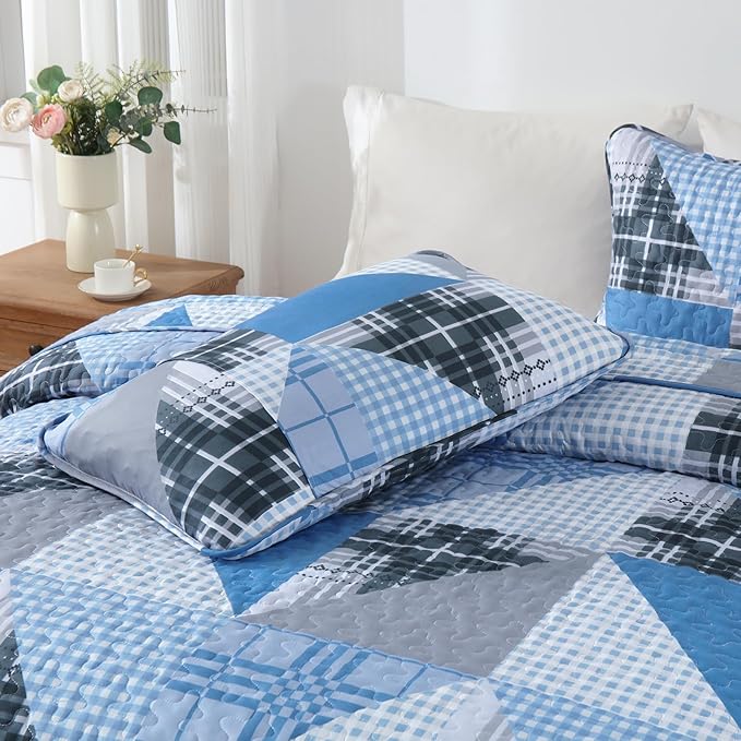 Annibedding Blue Quilt Set King Size, 3 Pieces Geometric Bedspread Plaid Patchwork Bedding Set for All Season, Soft Lightweight Bedspread with Wave Quilting (King, 110“x90)