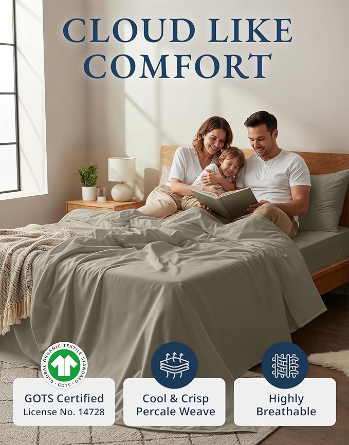 LANE LINEN 100% Organic Cotton King Sheet Set, 4Pc Cotton Sheets King Size, Soft & Comfy Percale Eco Friendly Sustainably Produced Bedding Sheets & Pillowcases, 15" Deep Pocket King Sheet Set - Silver