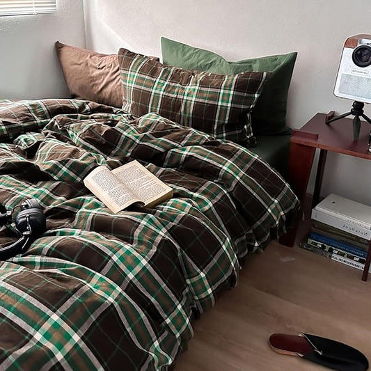 LifeTB Queen Comforter Set Brown Green Plaid Comforter Set, 3 Pieces Vintage Plaid Checkered Comforter with 2 Pillowcases, Fluffy Soft Breathable Grid Pattern Farmhouse Gingham Bedding Set Queen