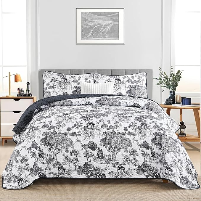 WONGS BEDDING Botanical Quilt Set Full Size, Black 3 Pieces Toile Floral Plants Printed Bedspread Bedding Set Soft Lightweight Microfiber Coverlet Set for All Season (90"x78")