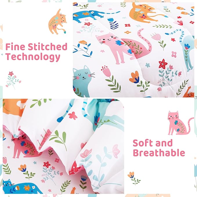 Mooreeke Kids Full Comforter Sets for Girls 8 Pieces Cute Cat Flower Bedding Set for Teens Microfiber Floral Kids Bed in A Bag with Comforter, Sheet Set, Shams and Decorative Toy Pillow All Season