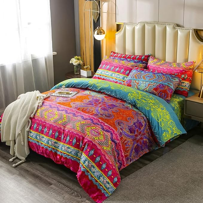 Feelyou Bohemian Duvet Cover Sets 2 Pieces Exotic Style Bedding Cover Set Boho Bedding Set Bedspread Cover Printing Microfiber Comforter Cover Boho Pattern Twin Size Zipper