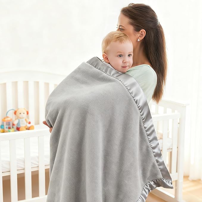 Pro Goleem Fleece Baby Blanket with 2 Inch Satin Trim Soft Plush Blanket for Boys and Girls for Babies Grey，30''x40''