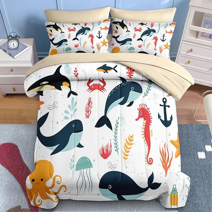 Nesker 5 Pcs Comforter Set Twin Size, Whales Octopuses Seahorses Bedding for Kids Teen, Ocean Sea Animals Bed Sheet with Pillowcase & Sham