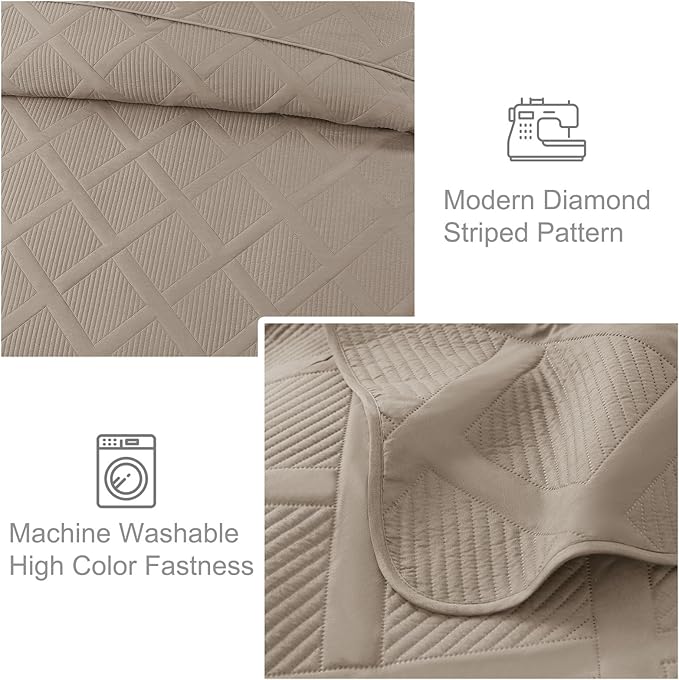 Exclusivo Mezcla Full Queen Size Quilt Set with Modern Striped Pattern, 3 Pieces Summer Lightweight Taupe Quilts Bedding Set, Soft Bedspreads Coverlets for All Seasons