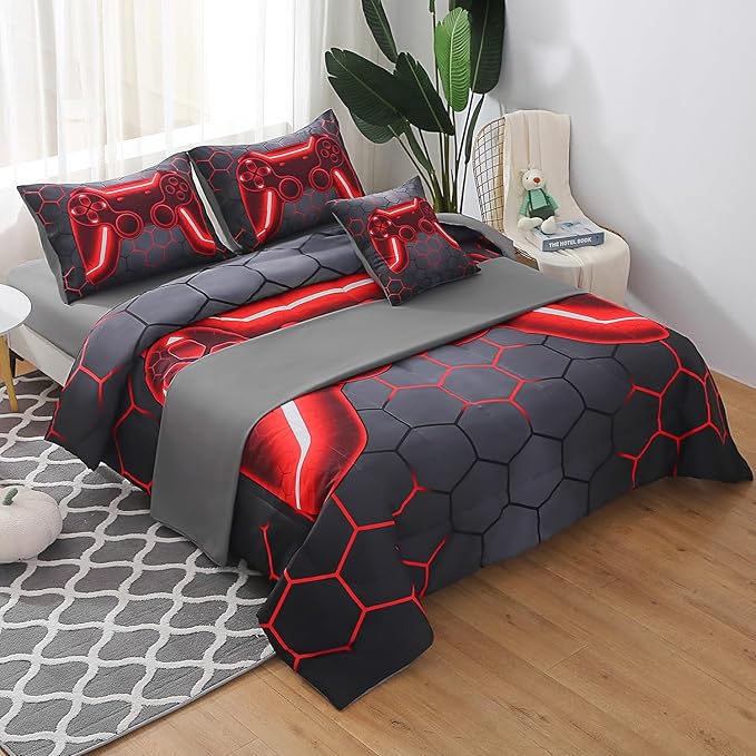 JQinHome Queen Gamer Comforter Set for Boys Girls Kids,6 Piece Bed in A Bag 3D Video Game Bedding -All Season Soft Microfiber Down Alternative Comforter Gamer Bedding Sets with Sheets （Red）