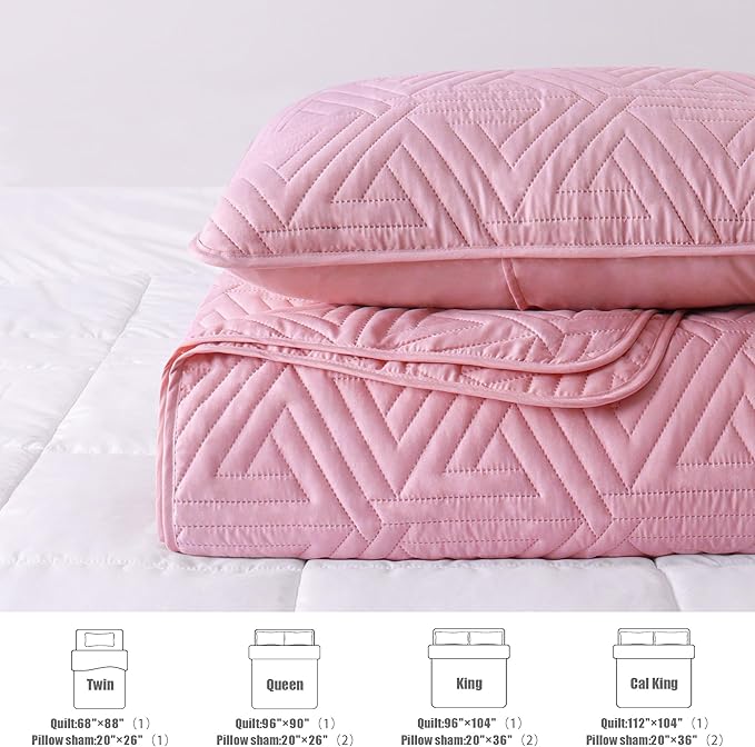 Whale Flotilla Soft Twin Size Quilt Set for All Seasons, 2-Piece Ultrasonic Geometric Quilts Bedding Set, Lightweight Reversible Bedspread, Coverlet, Bed Cover with Pillow Sham, Pink