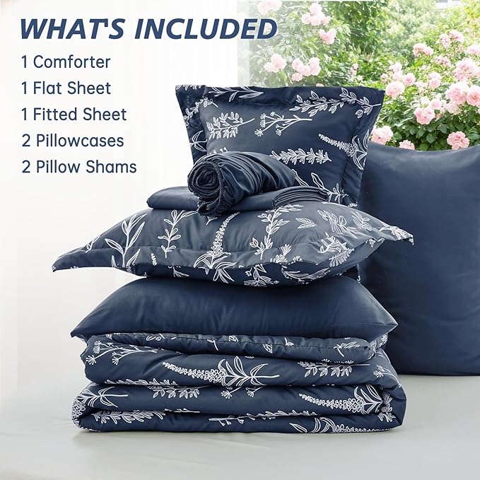 MUXHOMO Navy Blue Bed in a Bag Queen 7 Pieces, Queen Comforter Set Reversible Botanical Flowers Design, Ultra Soft & Breathable Bedding Sets with Comforter, Sheets, Pillowcases & Shams