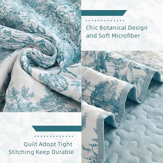 WONGS BEDDING Botanical Quilt Set Queen Size, Blue 3 Pieces Toile Floral Plants Printed Bedspread Bedding Set Soft Lightweight Microfiber Coverlet Set for All Season (96"x90")