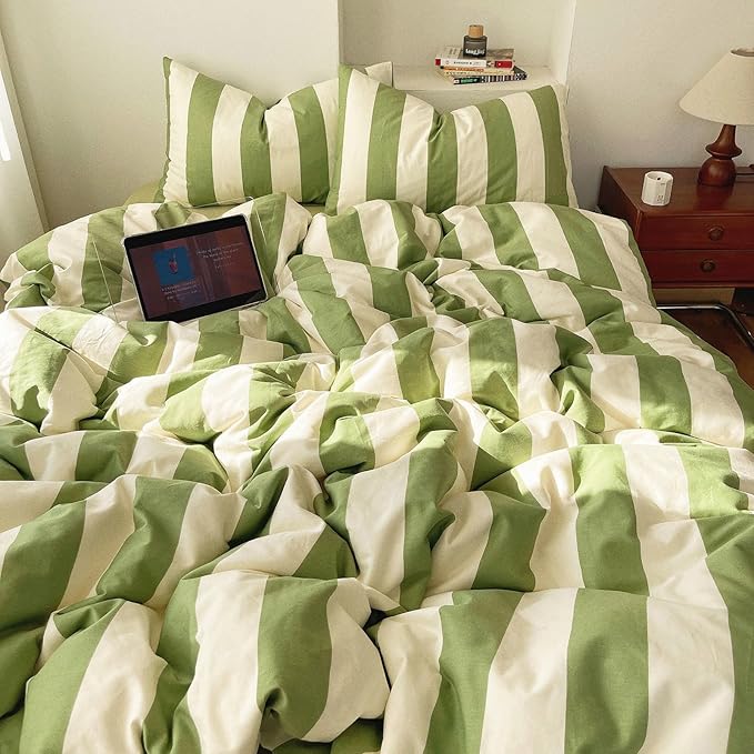 LifeTB Sage Green and White Striped Duvet Cover Set Twin, 100% Washed Microfiber Soft Breathable Striped Bedding Set, 3 Pieces Retro Stripes Pattern Printed Comforter Cover with 2 Pillowcases