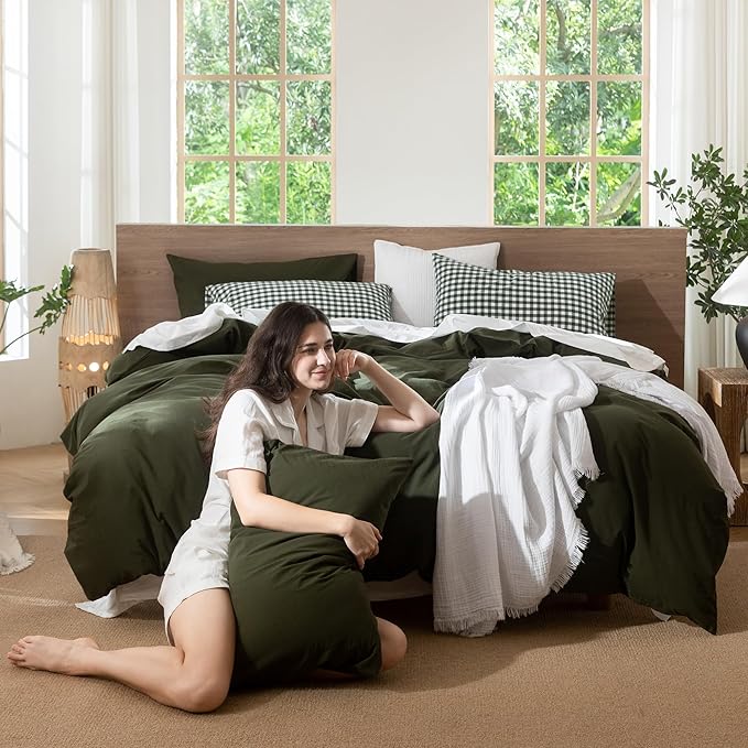 MooMee Bedding Duvet Cover Set 100% Washed Cotton Linen Like Textured Breathable Durable Soft Comfy (Solid Olive Green, Cal King 104"x98")