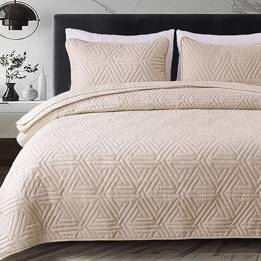 Whale Flotilla Soft King Size Quilt Set for All Seasons, 3-Piece Ultrasonic Geometric Quilts Bedding Set, Lightweight Reversible Bedspread, Coverlet, Bed Cover with 2 Pillow Shams, Brich Beige