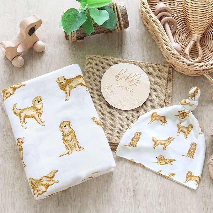 LifeTree Muslin Swaddle Blankets, Muslin Baby Boy Swaddle Blanket and Hat Set with Birth Announcement Card, Newborn Unisex Neutral Receiving Blankets Golden Retriever Pattern