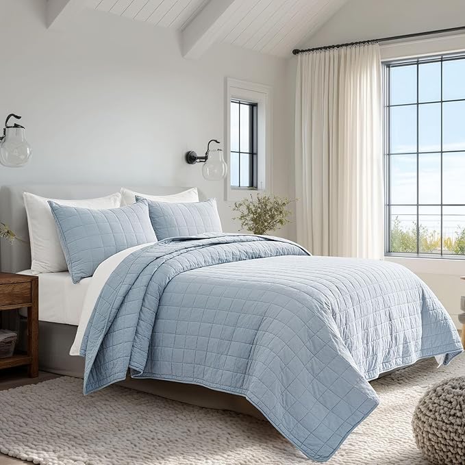 EVERGRACEHOME 100% Cotton Box Stitch Quilt Bedding Set Queen Size 3 Pieces, Garment-Washed Lightweight Soft Cozy Coverlet, Quilted Bedspread Sets with 2 Shams for All Season, Blue Linen