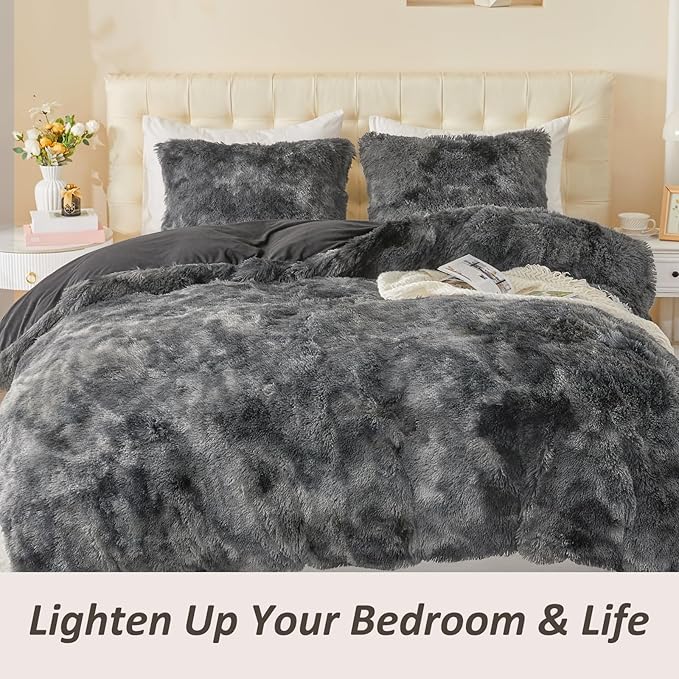 EMME Luxury Fuzzy Duvet Cover Set Twin Size Fluffy Comforter Cover Set for Twin Bed 2 Pieces Shaggy and Plush Soft Bedding Duvet Covers (Dark Grey, Twin)