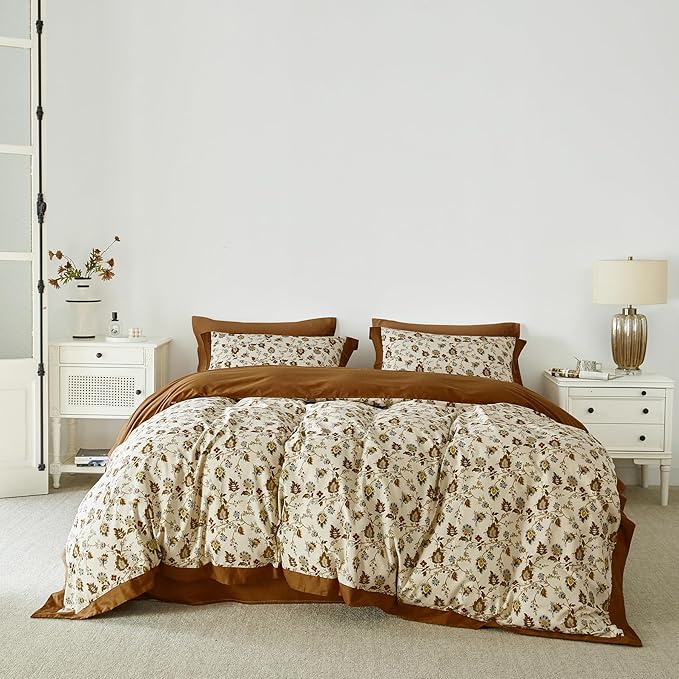 YuHeGuoJi Caramel Floral Duvet Cover Queen 100% Cotton 3 Pcs Set 1 Burnt Orange Paisley Flower Duvet Cover with Zipper Ties 2 Pillow Shams Boho Flower Decorative Brown Wide Trim Bedding Set Soft