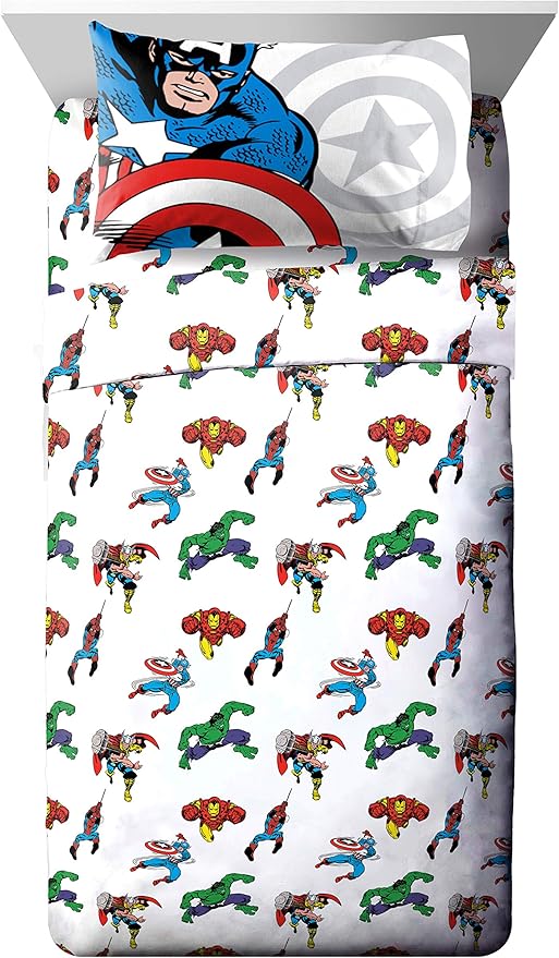 Jay Franco Marvel Avengers Comic Cool 7 Piece Full Bed Set - Includes Comforter & Sheet Set - Bedding Features Captain America, Spiderman, Iron Man, Hulk, & Thor - Super Soft