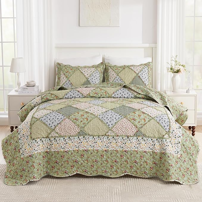 VIVILINEN Full Queen Size Green Patchwork Quilt Set Reversible Quilted Bedspread Coverlet Set 3-Piece Floral Lightweight Comforter Stitched Bedding Set Bed Sheet Set Cover Blanket with 2 Pillow Shams