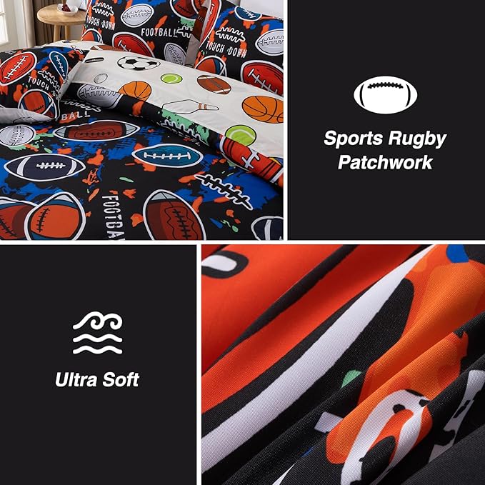 A Nice Night Boys Rugby Balls Comforter Set 6-Piece Bed-in-a-Bag with Sheet Set, Full Size Polyester Bedding Collections for Kids,Red Black