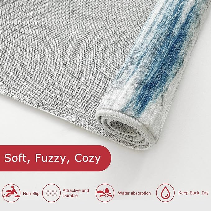 KOZYFLY Washable Area Rug 5x7 Modern Ombre Living Room Thin Rug Non-Slip Soft Striped Rug for Bedroom, Print Blue Abstract Carpet for Laundry Kid Room