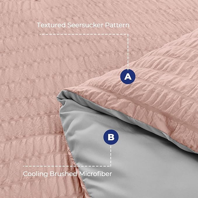 HYMOKEGE Rose Gold/Light Grey Duvet Cover Full Size, Ultra Soft 3-Piece Seersucker Duvet Cover Set with Zipper Closure, Soft Brushed Microfiber Bedding Set with 8 Corner Ties (80"x90", 2 Pillowshams)