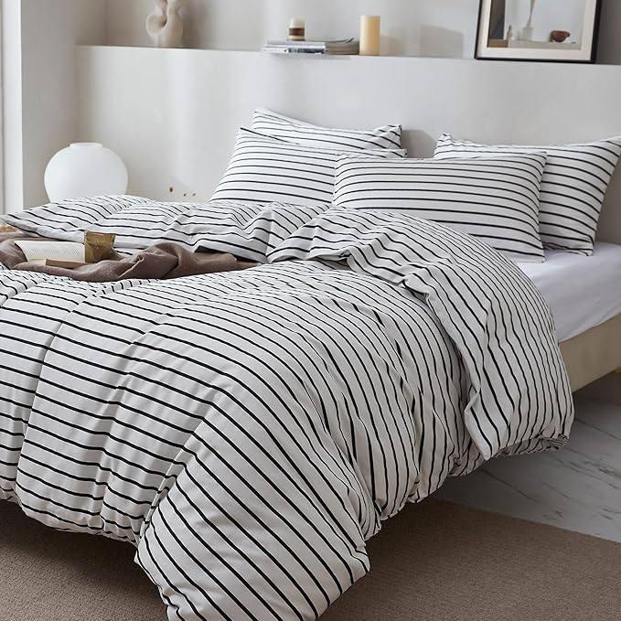 JELLYMONI 100% Natural Cotton 3pcs Striped Duvet Cover Sets, White Duvet Cover with Thick Black Stripes Pattern Printed Comforter Cover, with Zipper Closure & Corner Ties(Full Size)