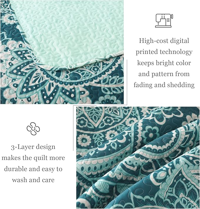 Whale Flotilla Reversible Printed Quilt King Size, Extra Soft Boho Paisley Floral Bedspreads for Bed Lightweight King Quilt Bedding Set Coverlets with 2 Pillow Shams for All Seasons, Turquoise