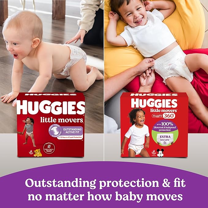 Huggies Size 4 Baby Diapers, Little Movers HuggFit 360° Baby Diapers with 360° Waistband, Size 4 (22-37 lbs), 21 Count, Packaging May Vary