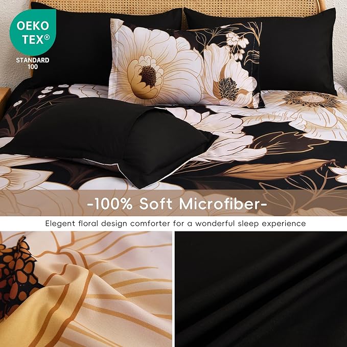 Xruibed Black Glod Floral Comforter Set Queen Size 7 Pieces Bed in a Bag Flower Bedding Sets Lightweight Boho Bed Set with Sheet,Pillowcases&Shams for All Season