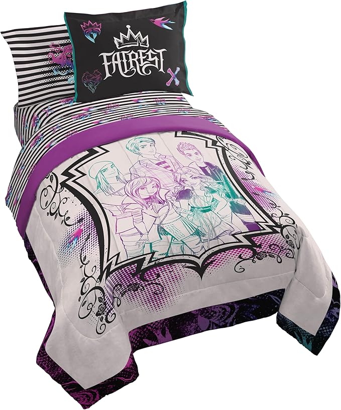 Jay Franco Kids Comforter Set Includes Sheets and Pillow Cover - Soft and Cozy Bed Set for Stylish Room Décor, Multi - Descendants, 5 Piece Twin