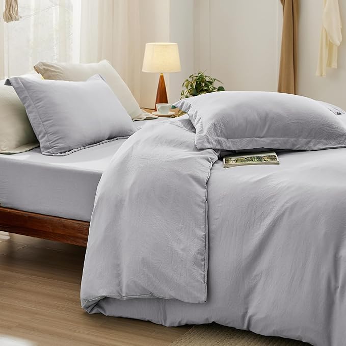 Bedsure Duvet Cover King Size with Fitted Sheet - 4 Pieces Prewashed Cotton-Like Polyester Extra Soft Bedding Set, Includes 1 Duvet Cover 104x90 Inches, 2 Pillow Shams, 1 Fitted Sheet, Light Grey