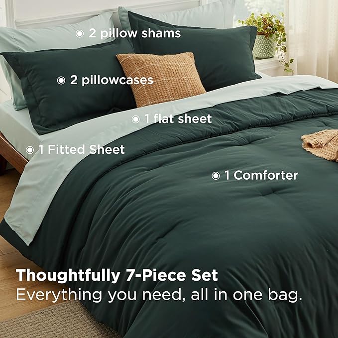 Bedsure King Size Comforter Set - 7 Pieces Forest Green King Bedding Set for All Seasons, Boho Contrasting Design Bed in a Bag with Comforter, Sheets, Pillowcases & Shams