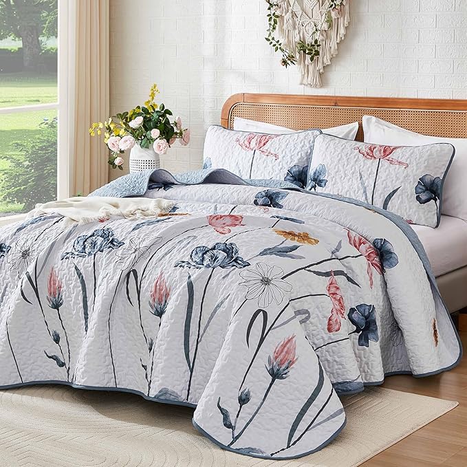 WONGS BEDDING King Set Quilt Set Floral,3 Pieces Blue & Pink Bedspread Coverlet Set Botanical Bedspreads Bed Cover，Quilts Soft Lightweight Farmhouse Flower Bedding Set for Spring Summer(104"x90")