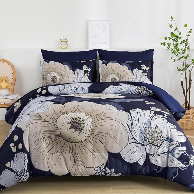 Xruibed Navy Blue Floral Comforter Set Queen Size 7 Pieces Bed in a Bag Navy Floral Comforter Flower Bedding Sets Lightweight Boho Bed Set with Sheet,Pillowcases&Shams for All Season