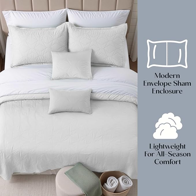 Hearth & Harbor Twin Quilt Set – All-Season Lightweight Bedspread & Coverlet with Pinsonic Weave - 5 Piece King Quilt Set with Pillow Shams, White - Twin Ellipse