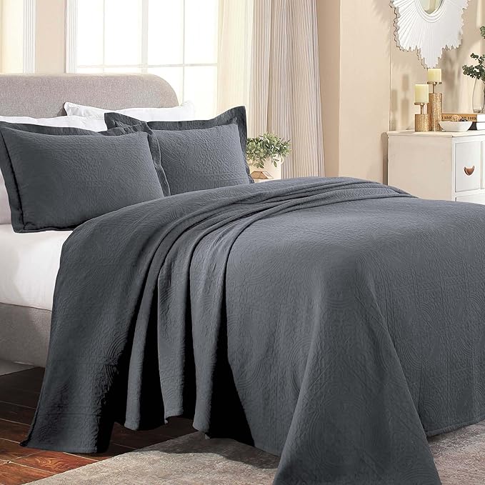 Superior Cotton Fleur De Lis Bedspread Set, Warm Blankets, All-Season Bedding, Bedroom Decor, Decorative Boho Medallion Coverlet, Includes 1 Bedspread, 2 Pillow Shams, Queen, Grey