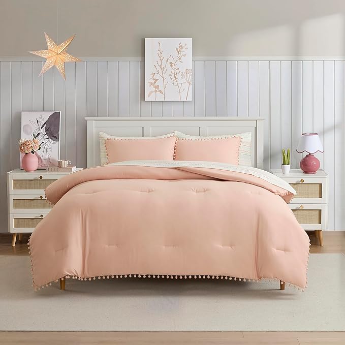 Kids Comforter Set Full Size – Bed in a Bag with Sheets, Pillowcases & Shams – Soft Stylish Pom Pom Bedding – All Season Girls Bed Set