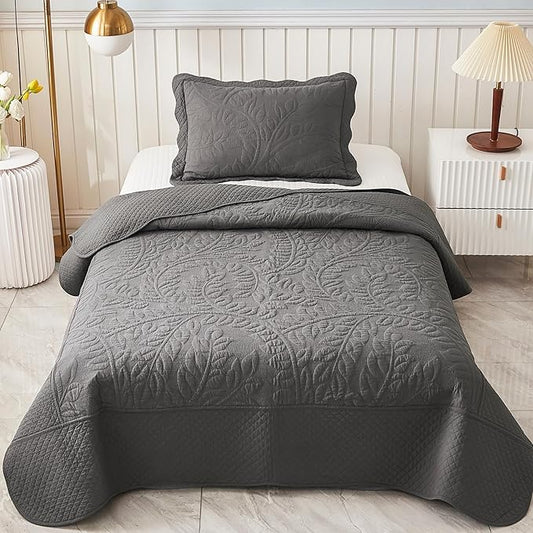 MarCielo 3-Piece 100% Cotton Oversized Bedspread Lightweight Quilt Coverlet Embroidery Farmhouse Bedding Set T0 (Dark Grey, Twin (68"x86"))