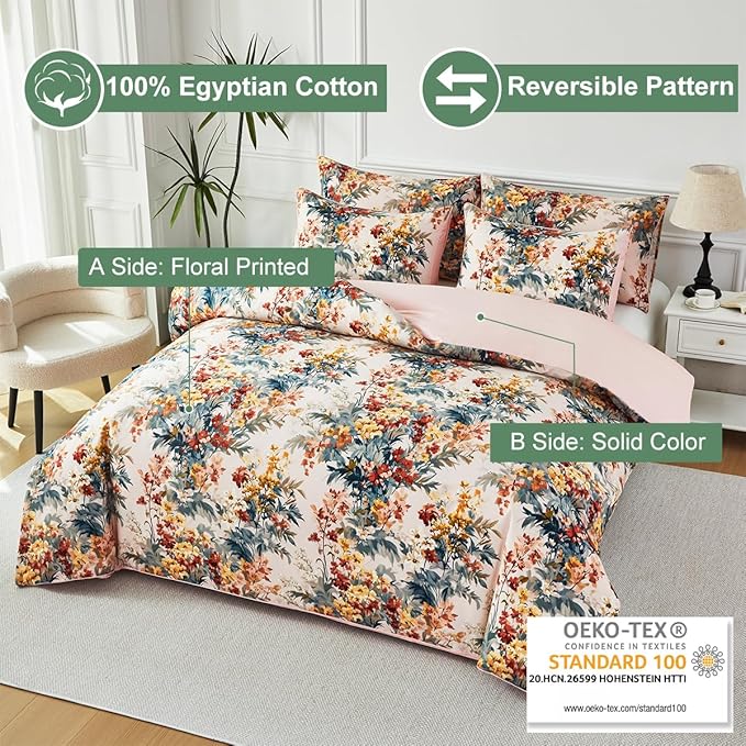 URBONUR Floral Duvet Cover Set Queen Size 3 Pieces 100% Cotton Silky Sateen Wildflowers Comforter Cover with 2 Pillowcases Soft & Breathable Bedding Sets