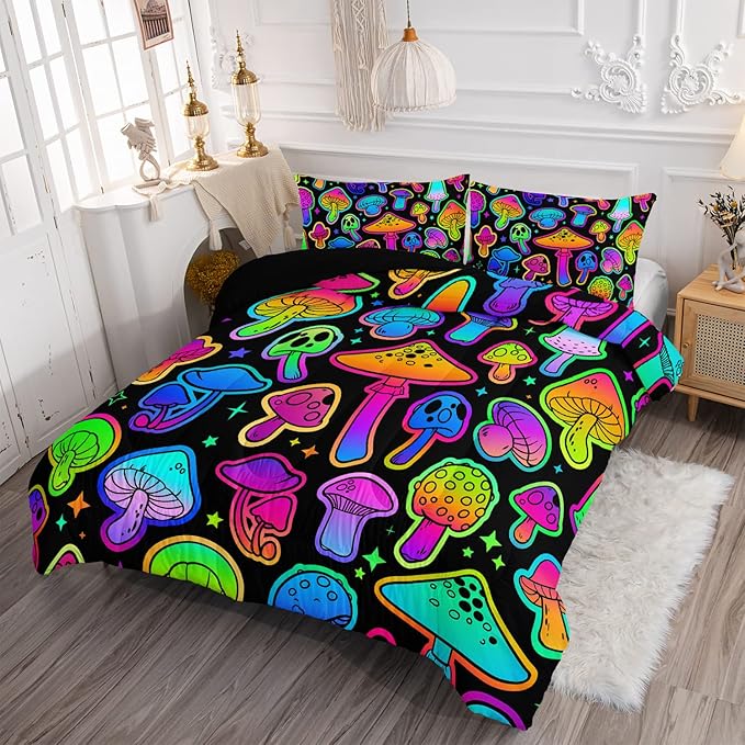 Mushroom Comforter Set Kids Bedding Set Queen,3Pcs Colorful Soft Black Gradient Mushroom Quilt Set Bed in A Bag with 1 Comforter 2 Pillowcases for Kids Boys Girls Teens Adults Room Decor All Season