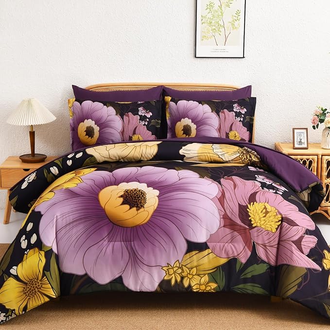 Xruibed Dark Purple Floral Comforter Set King Size 7 Pieces Bed in a Bag Flower Bedding Sets Lightweight Boho Bed Set with Sheet,Pillowcases&Shams for All Season